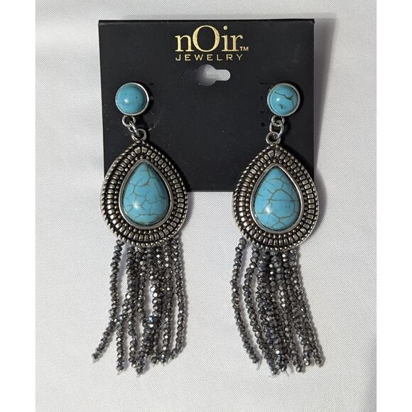 Turquoise Teardrop Dangle Fringe Earrings - Picture 8 of 8